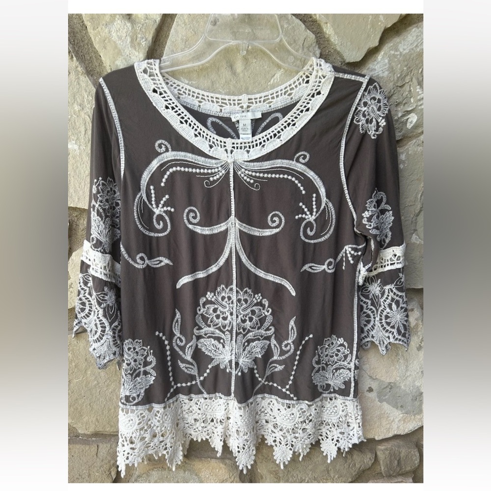 Cato Tunic Top S/M‎ Brown Beige Crochet Lace Trim Embroidered Flowers EC